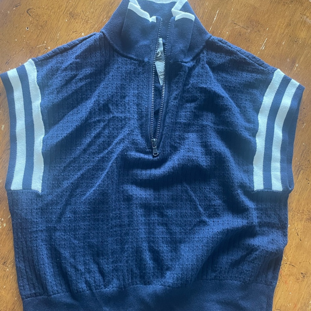 Lou & Grey Navy Blue Zip Up Cropped Sweater with Stripes